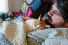 A bearded person with dark brown hair lays under a white and blue quilt with a ginger and white cat. A more colourful blanket is in the background.